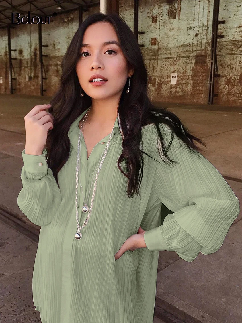 Bclout-camisas de manga larga para mujer, blusas plisadas de trabajo para mujer, blusa holgada elegante para mujer, Tops sólidos caqui 2022