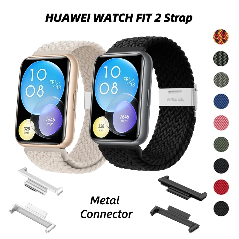 สายนาฬิกาไนลอนถักสำหรับ HUAWEI Watch Fit 2 พร้อมหัวเข็มขัดปรับได้ ตัวเชื่อมต่อโลหะ สายแบบ Solo Loop สำหรับสมาร์ทวอทช์