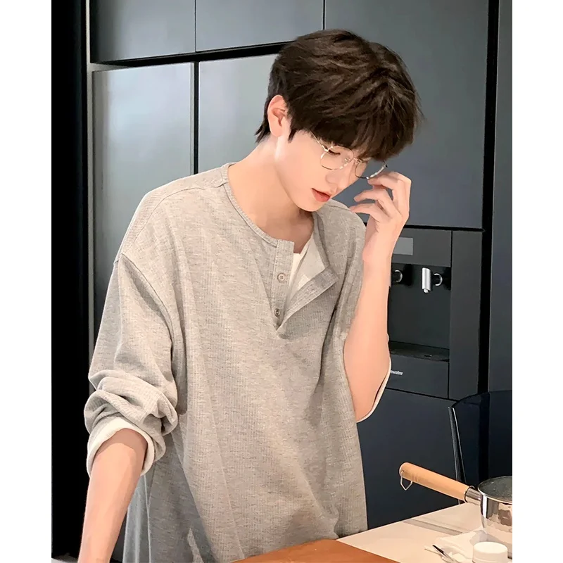 

Clean Cut Long Sve Henry Collar Sweatirt for Men Summer Casual Wear Korean Sle Turn-down Collar Top Youth Faion