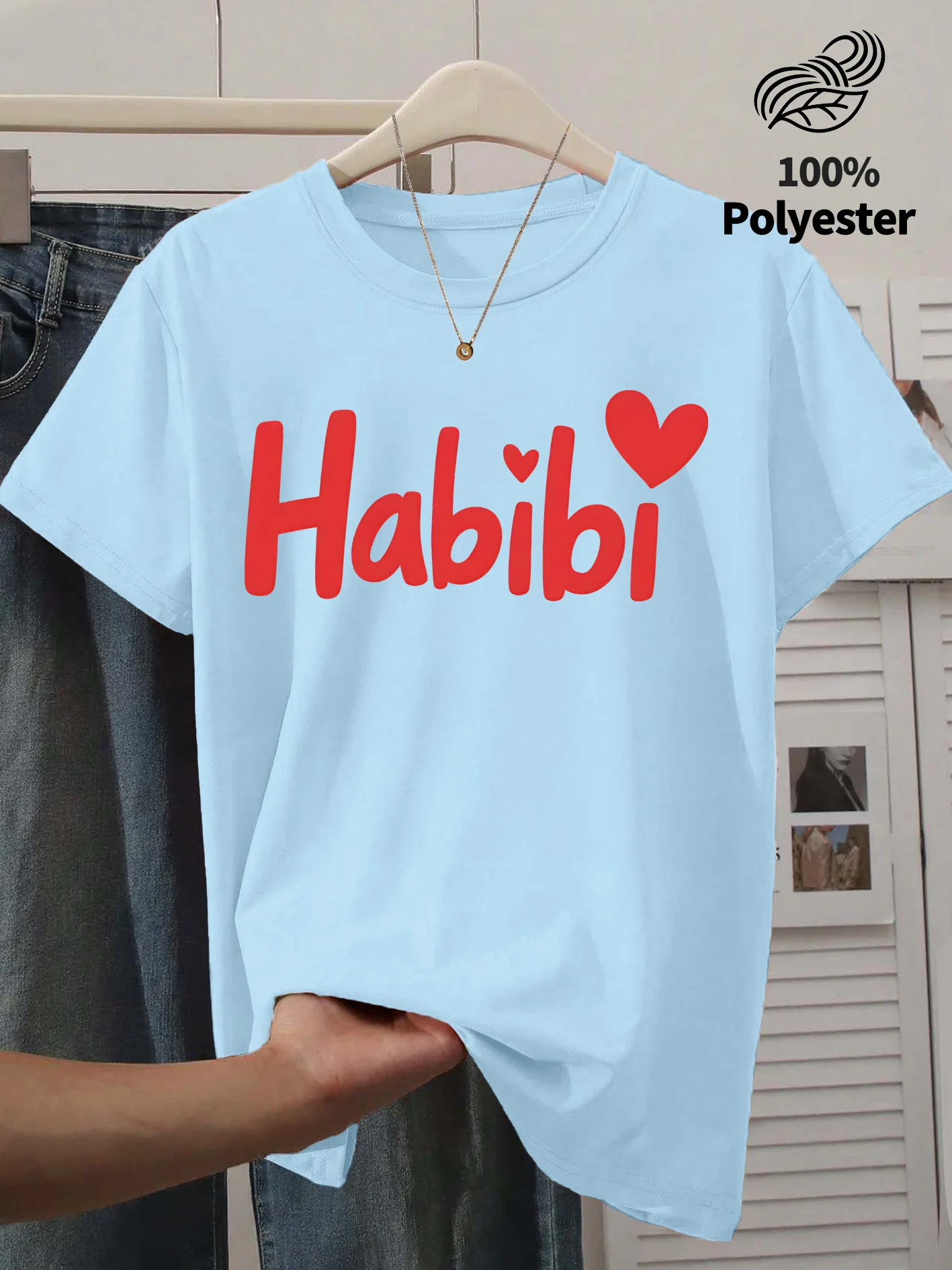 Summer New Women's Round Neck Habibi Love Text Printed Short Sleeve T-shirt Soft Daily Commuting Playful Age Reducing Top
