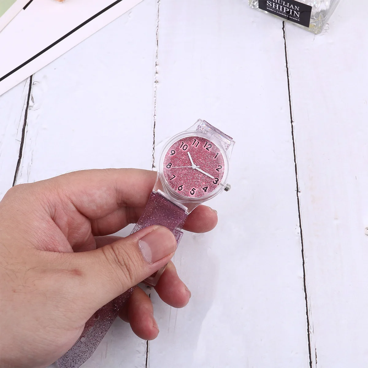 Kids Pink Transparent Glitter Watch Creative Shiny Silicone Wristwatch Adjustable Comfortable Children Wrist Watch