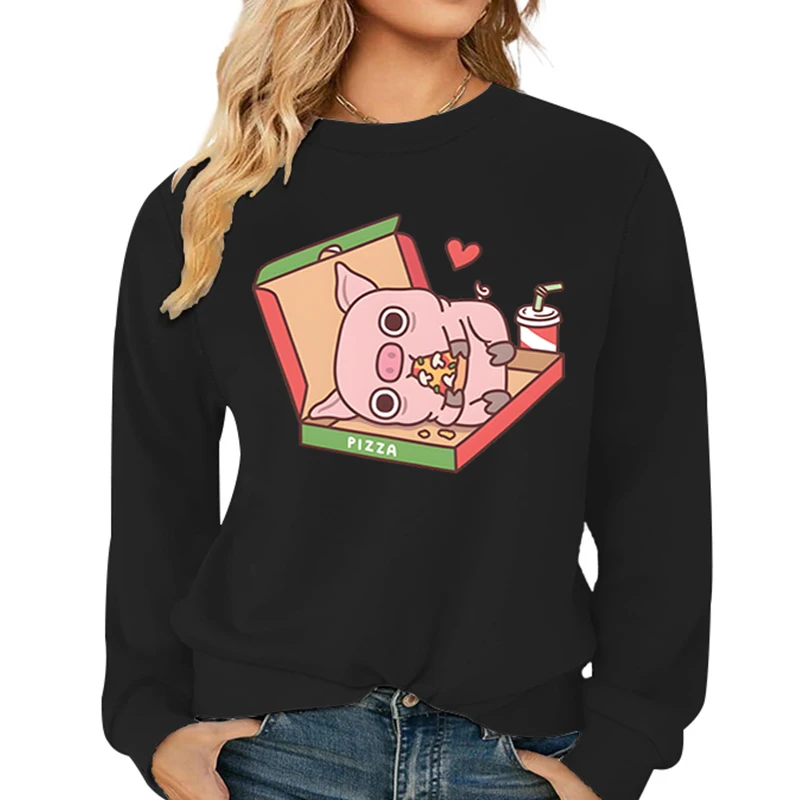 Niedliches Schwein essen Pizza drucken Sweatshirt Frauen Cartoon lässig lose Hoody Mode Langarm Pullover Herbst Tier weibliche Hoodie