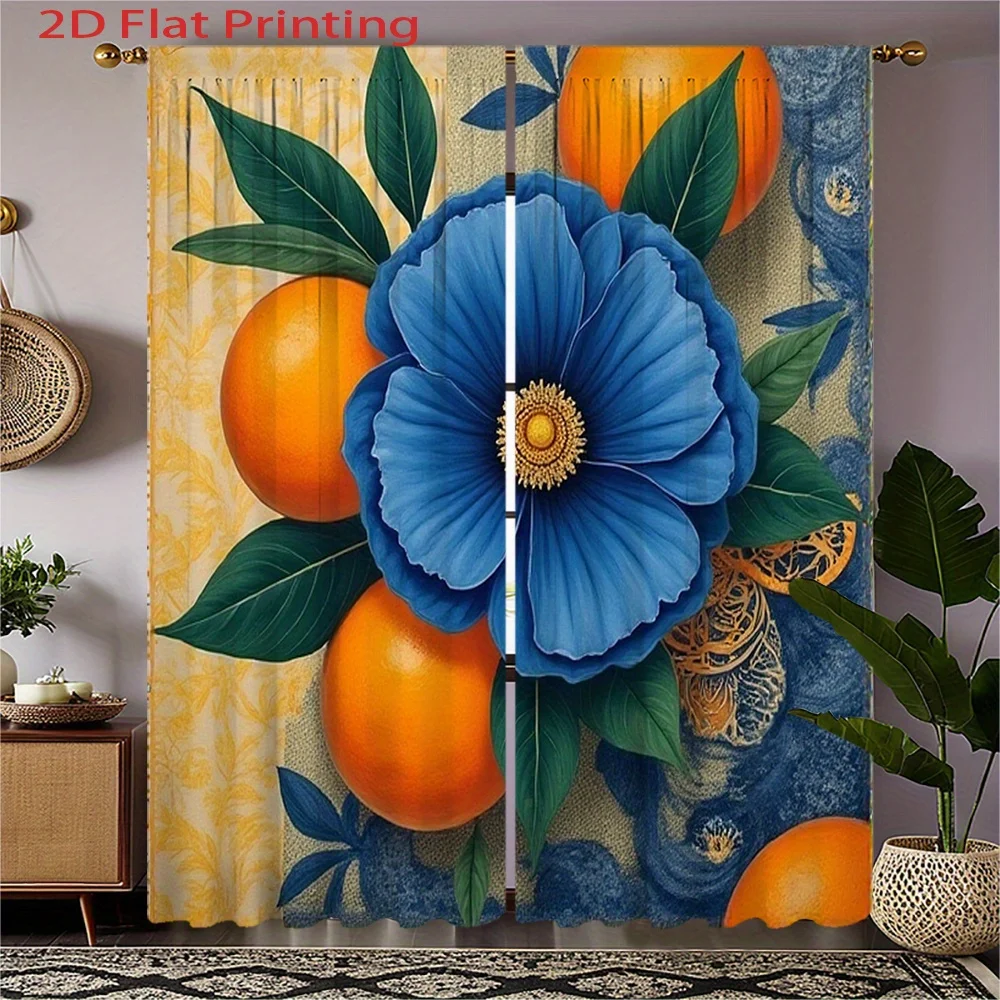 2D flach, 2 Stück, 2D-Flachdruckvorhänge mit 3D-blauen Blumen, Orangen- und grünem Blattmuster – Samtstoff mit Stangentasche für L