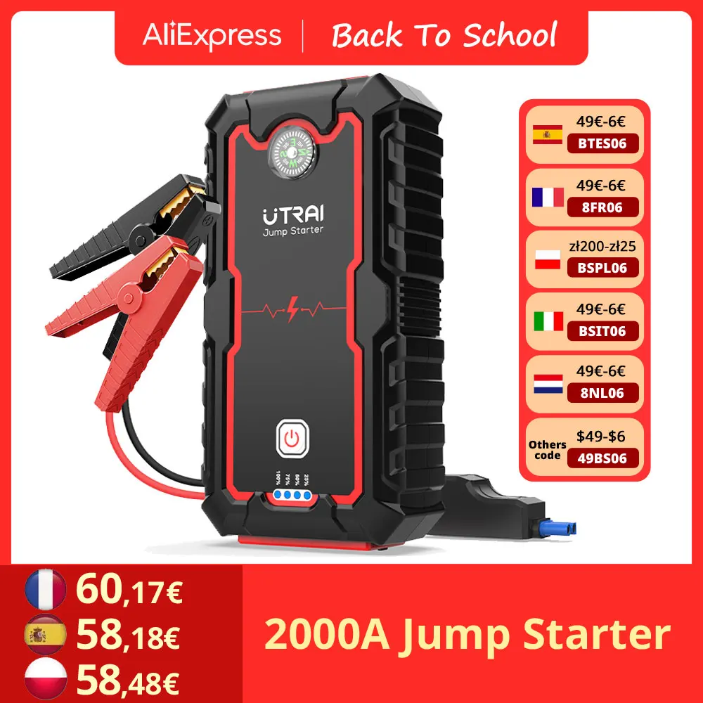 UTRAI 2000A Jump Starter Power Bank Portable Charger Starting Device For 8.0L/6.0L Emergency Car Battery Jump Starter