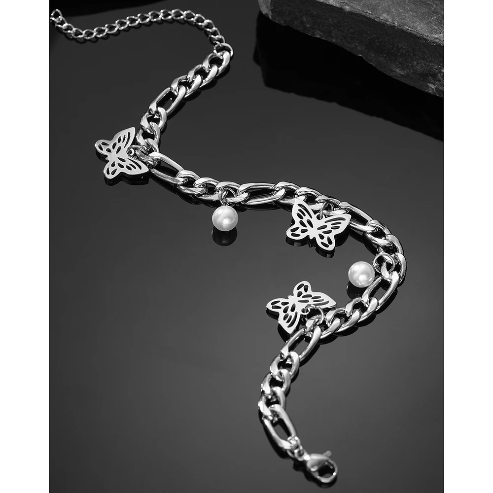 سوار سحر فراشة محفور من الفولاذ المقاوم للصدأ للنساء ، تصميم لؤلؤ أبيض مقلد ، مجوهرات أنيقة ، هدايا أنيقة #6