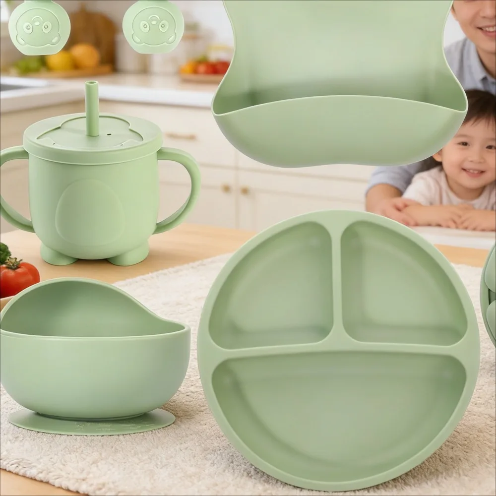 

Силиконовая круглая тарелка с тремя отделениями для малышей и крышкой из полипропилена, набор посуды, разделенная тарелка для кормления ребенка с присоской