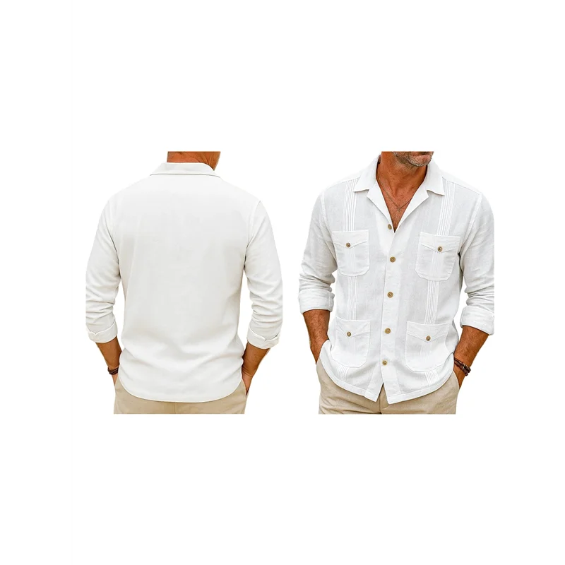 ABRT-Men's Four-Pocket Long Sleeve Guayabera Shirt, Pintuck Detail, Relaxed Fit