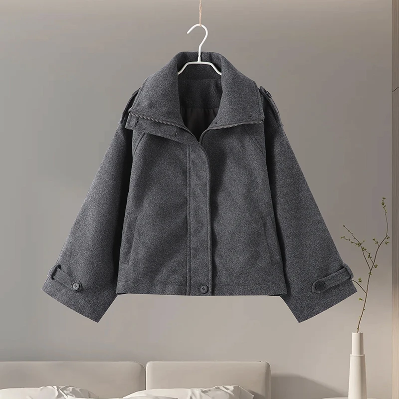 Elegante Wolljacke mit Stehkragen für Damen, Lose Passform, Lange Ärmel, Einreihig, mit Reißverschluss, Damenjacke, Herbst-Winter-Oberbekleidung 2026 – Detail 4