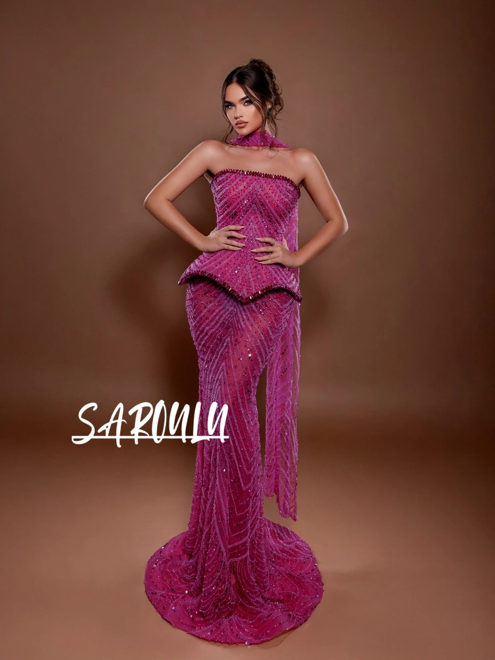 

Fuchsia Shimmering Mermaid Evening Dress Opulent Crystals Hourglass Corset Customized Prom Gown With Scarf Formal Events Wear