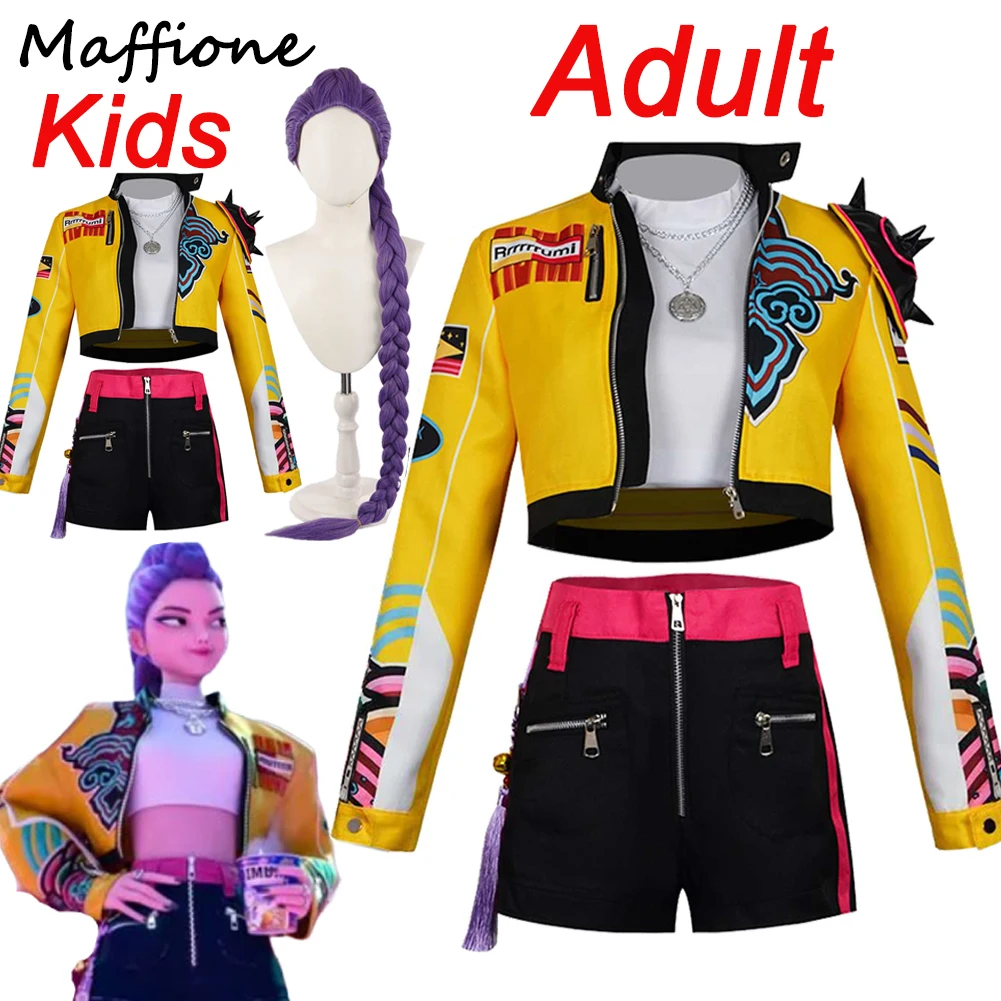 Bambini adulti Rumi Demons Hunter of KPop Cosplay Giallo Fantasia Costume Parrucche Set Donne Ragazze Gruppo Felpe con cappuccio Bambini Vestito di Halloween