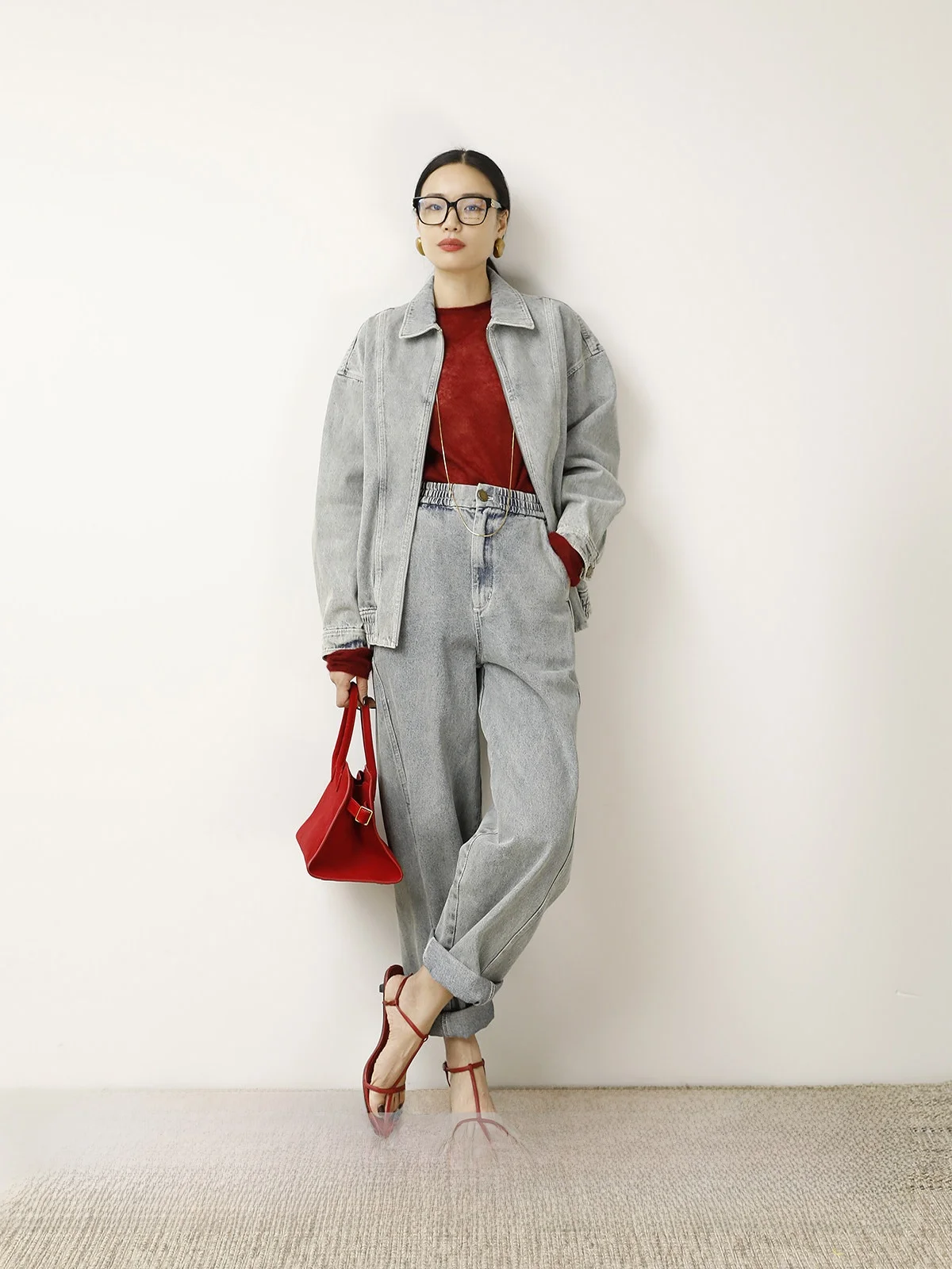 

Fashionable Loose Jeans Set Miu Style Retro Jacket Long Half Skirt Loose Cabbage Pants Cotton Material Summer Season