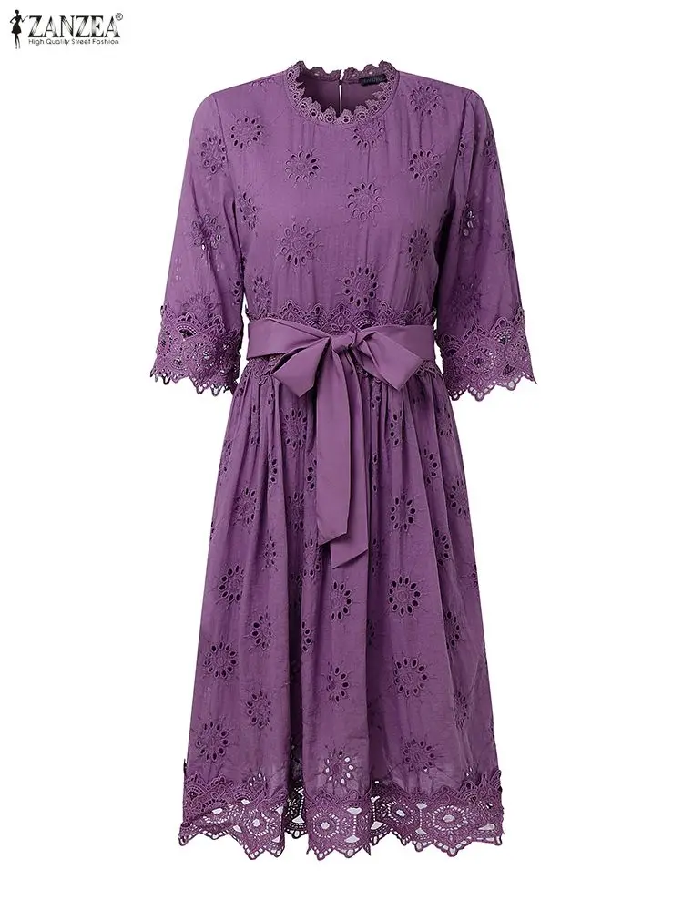 فستان كروشيه أنيق للخريف من ZANZEA لعام 2025 فساتين نسائية أنيقة مطرزة 3/4 كم فستان صيفي للعمل مرقع رداء ميدي #1