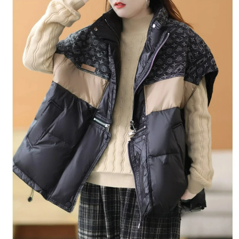 2025 스탠드업 칼라 배색 다운 베스트 여성용 숏 루즈핏 패셔너블 화이트 덕다운 캐미솔 재킷