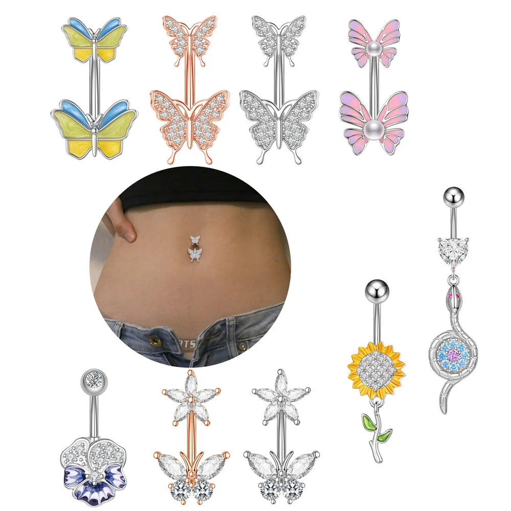 1 Stück Goldfarbener Kristall-CZ-Bauchnabelpiercing Schmetterling Biene Edelstahl Gebogener Bauchnabelring 14G Hängender Bauchnabelpiercing-Ring – Detail 3