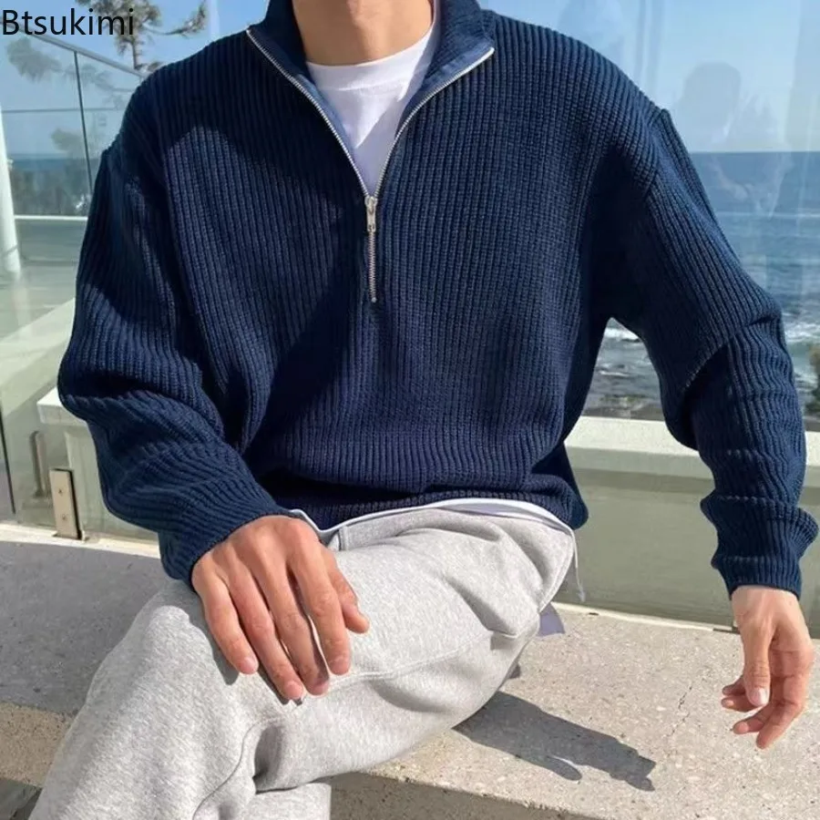 

2025 Men's Fashion Korean Style Stand Collar Half Zipper Sweater Autumn and Winter Temperament Versatile Knitted Sweater for Men