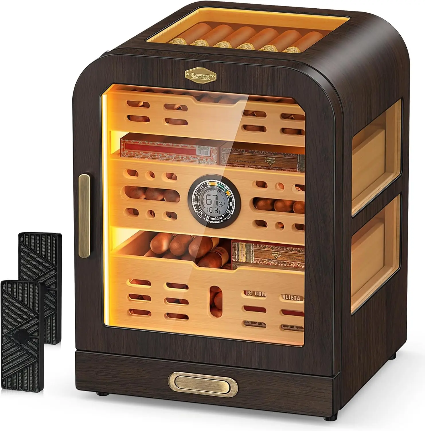 Cedar Wood Drawer Cigar Cabinet for 80-120 Cigars, Cigar Humidor, LED Lighting System, Digital Thermometer and 2 Humidifiers