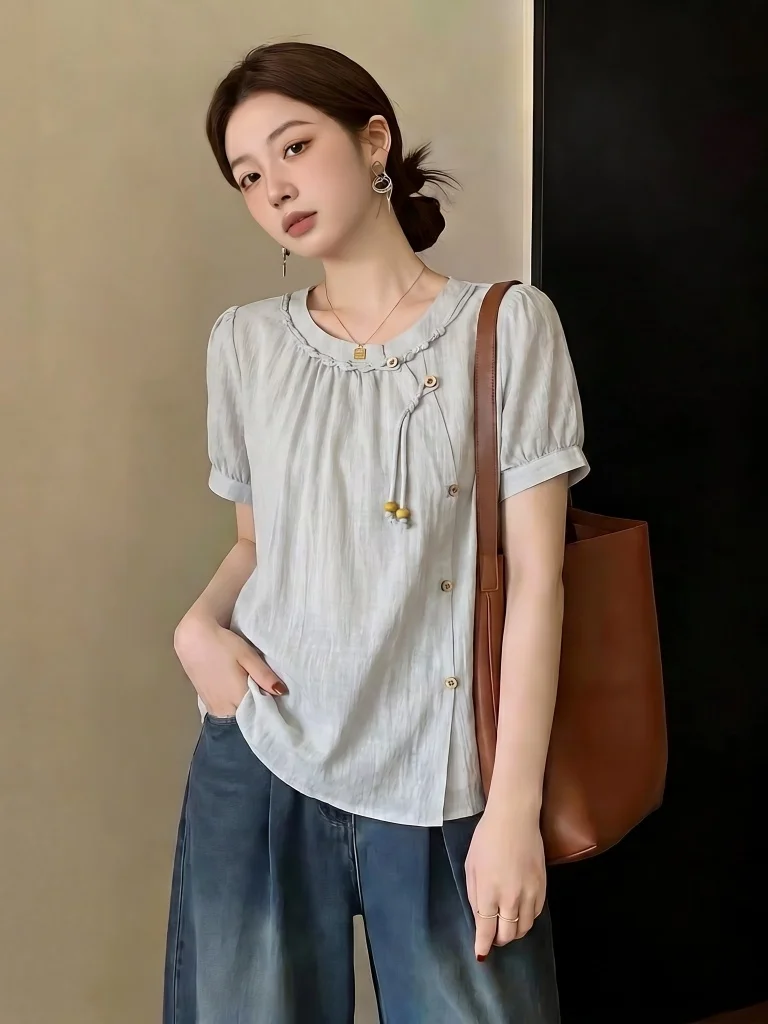 

New Chinese Style Short Sleeve Button up Shirt Women's plus Size Design Sensation Slimming Top Summer 2026 Commute Style Loos...