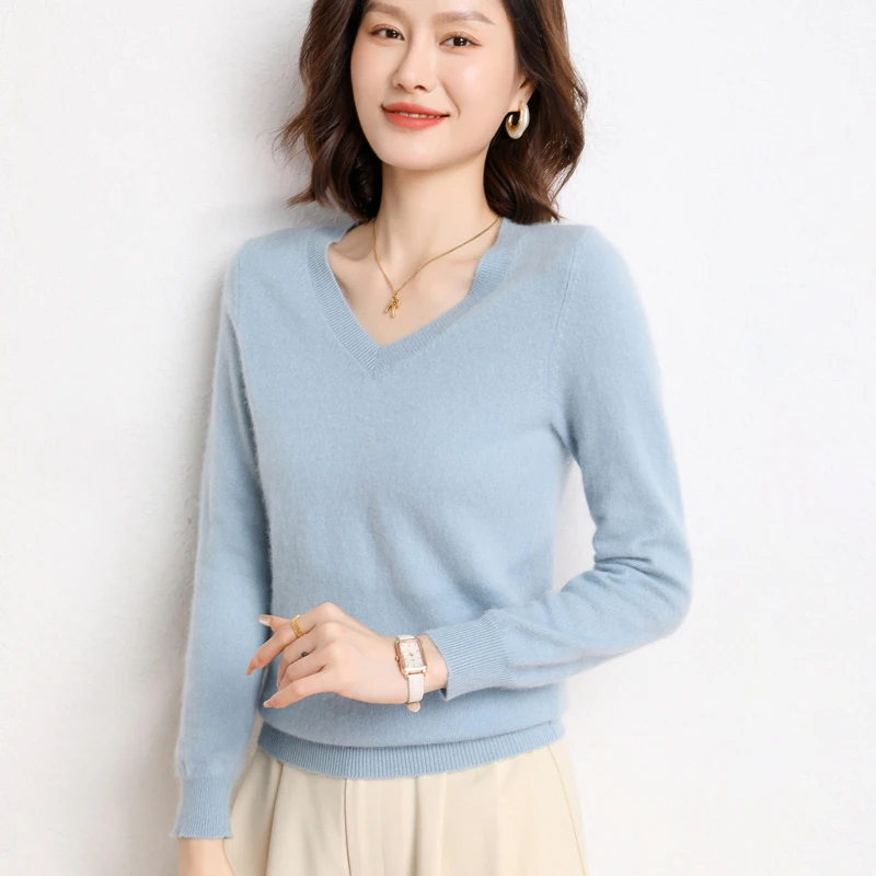 Hot Sale 100% Goat Cashmere Knitted Sweaters Women 2024 New Fashion V-neck Long Sleeve Knitwear Female 6Colors Soft Pullovers