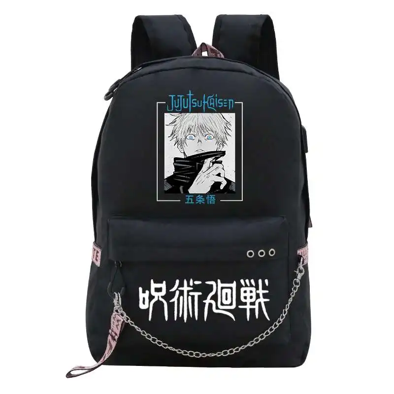 Anime Jujutsu Kaisen USB Backpack Bag School Book Black Mochila Travel Bags Laptop Chain Computer Laptop Bag W/ Headphone