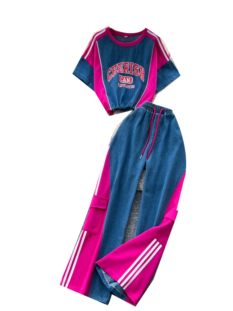 ชุดลำลองแฟชั่นสำหรับผู้หญิง กางเกงขายาวเอวสูงทรงขากว้าง และเสื้อยีนส์คอกลมแบบมีเข็มขัด