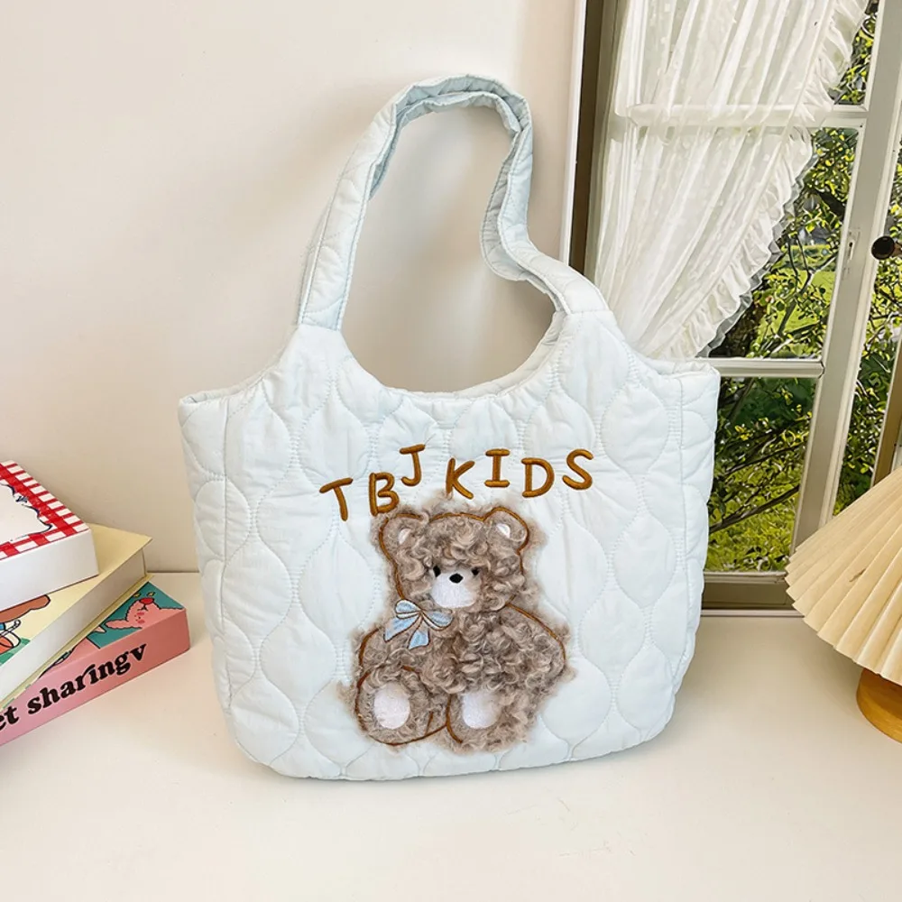 

Japanese Style Cartoon Bear Shoulder Bag Sweet Padded Nylon Quilted Handbag Embroidery Solid Color Down Cloth Tote Bag Girls