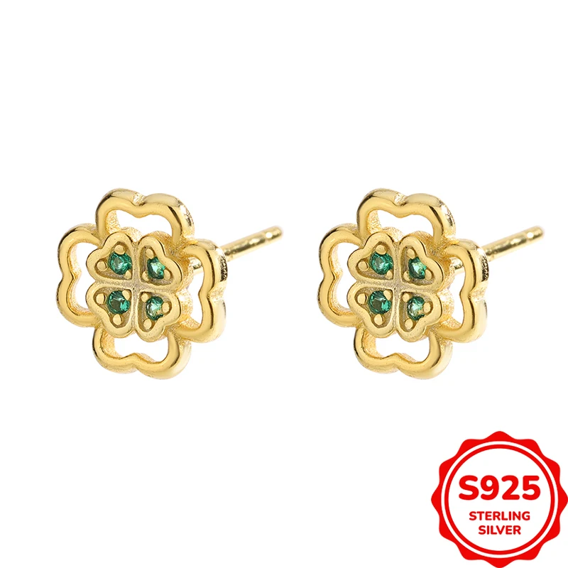 

Модные ретро аутентичные серьги из серебра S925 с четырьмя листьями и цветком, светло-зеленые серьги с цирконом, универсальные для поездок на работу