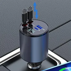 4 in 1 Retractable Car Charger USB C, 120W Fast Charging Car Phone Charger Adapter Dual Type C Cables for iPhone Samsung Huawei