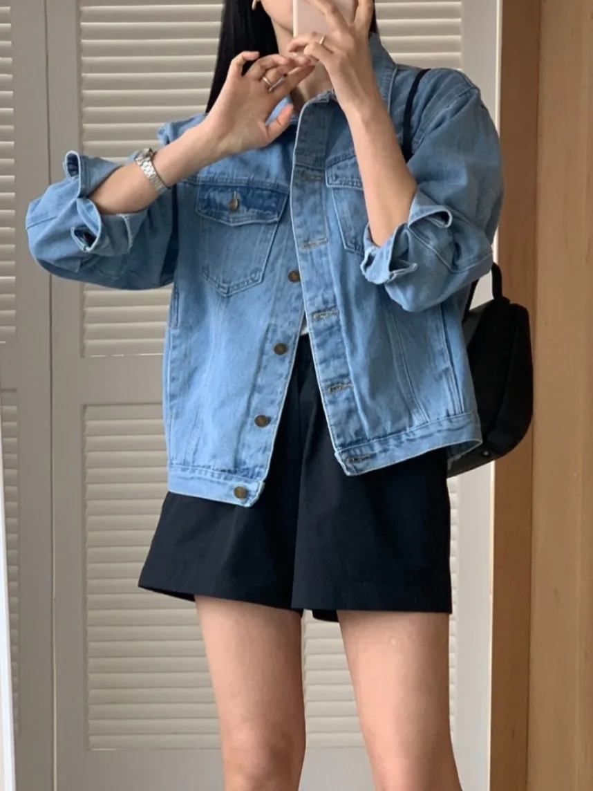 

Waed Denim Jaet Women's Chic Autumn Anti-Aging Single Button Turn-down Collar Embroidery Decoration Double ket Outerwear