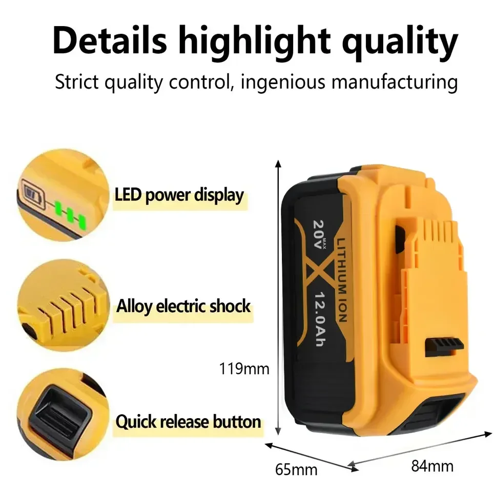 For Dewalt 20V Battery 12.0Ah Replacement Battery For Dewalt DCB200 Rechargeable DCB206 DCB207 DCB204 Power Tool Battery