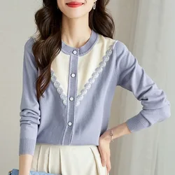 Women Autumn Winter Casual Slim Button Solid Color Knitting Women Clothing Jacquard Patchwork Cardigan Long Sleeve Sweater Tops