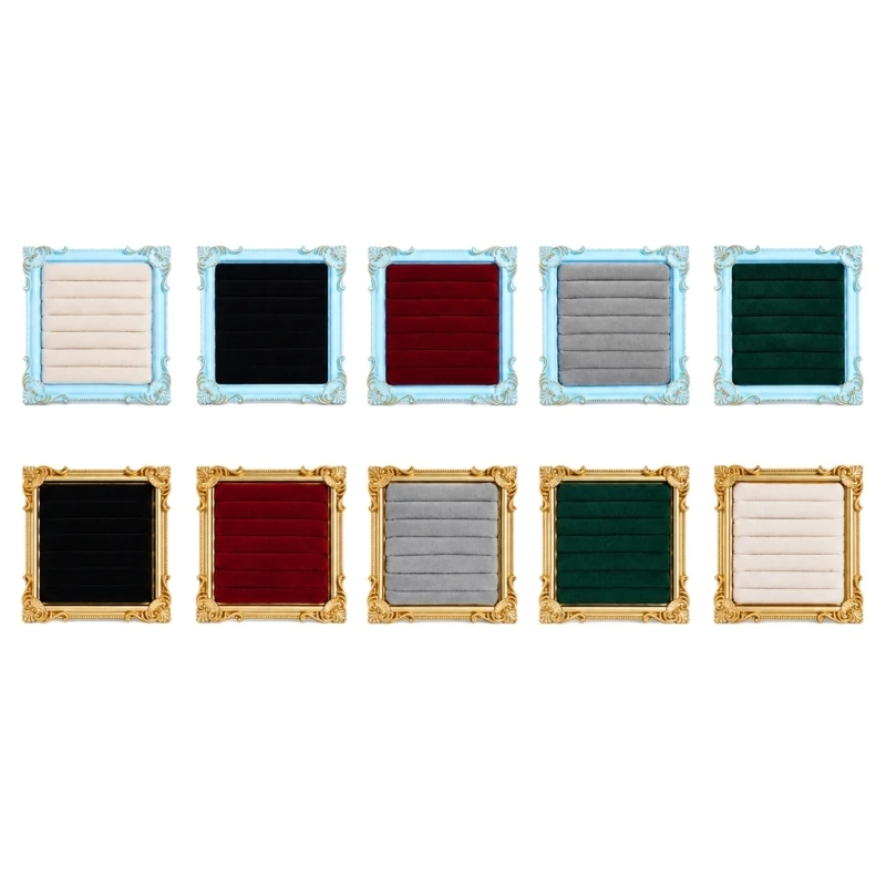 Resin Frame Ring Display Tray with Decorative Scrollwork and Padded Slots for Vanity or Jewelry Counter Organization M76B