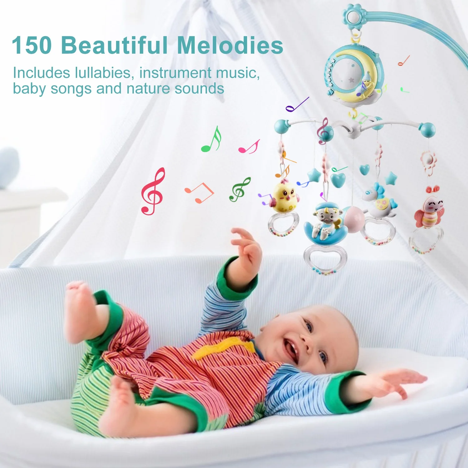 Culla musicale per bambini Mobile con musica e luci, Baby Mobile per culla con telecomando Star Projection Music Box, culla T