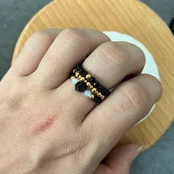 Handmade Obsidian Party Rings Natural Stone Jewelry For Women Stainless Steel Beaded Ring Freshwater Pearl Bijoux