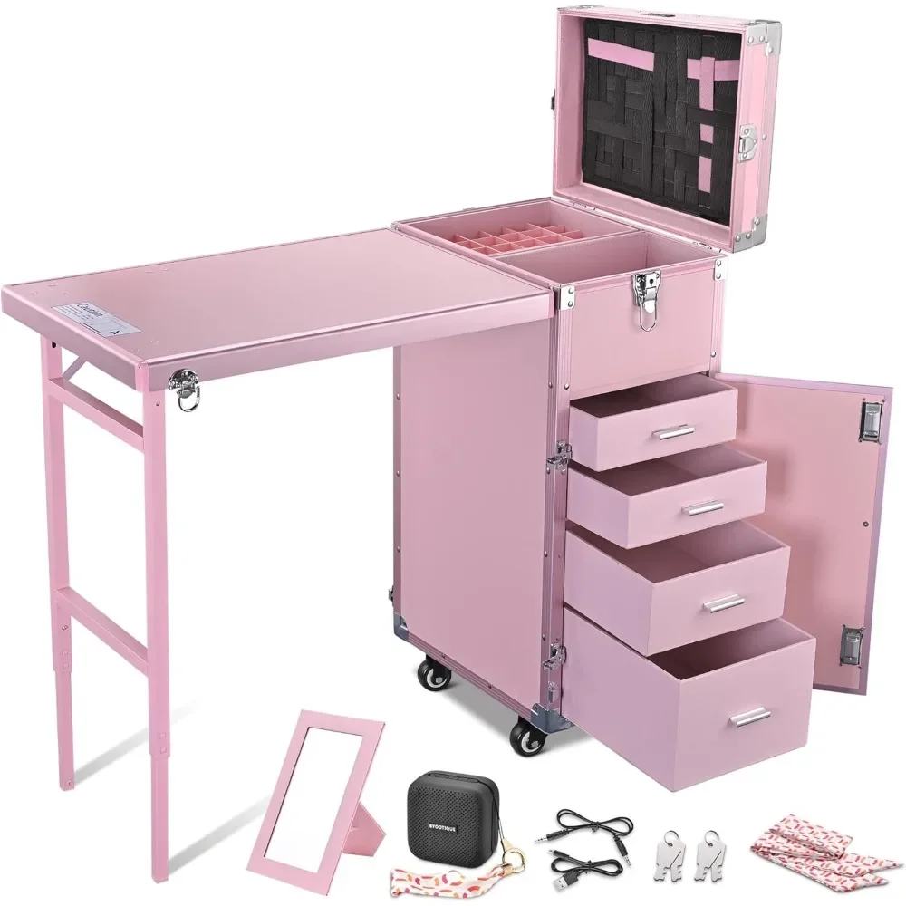 

Manicure Table Foldable Nail Table Makeup Train Case with Desk Cosmetic Trolley Travel Storage Organizer with Drawers Mirror