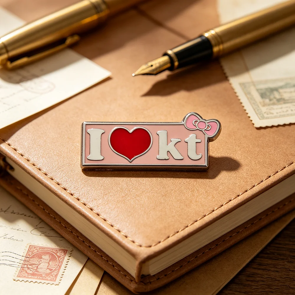 Niedliche Emaille-Pins „I Love KT“-Broschen, rosa Schleife, rotes Herz, Metall-Abzeichen, Anstecknadel für Rucksack, Jeansjacke, Geschenk – Detail 17