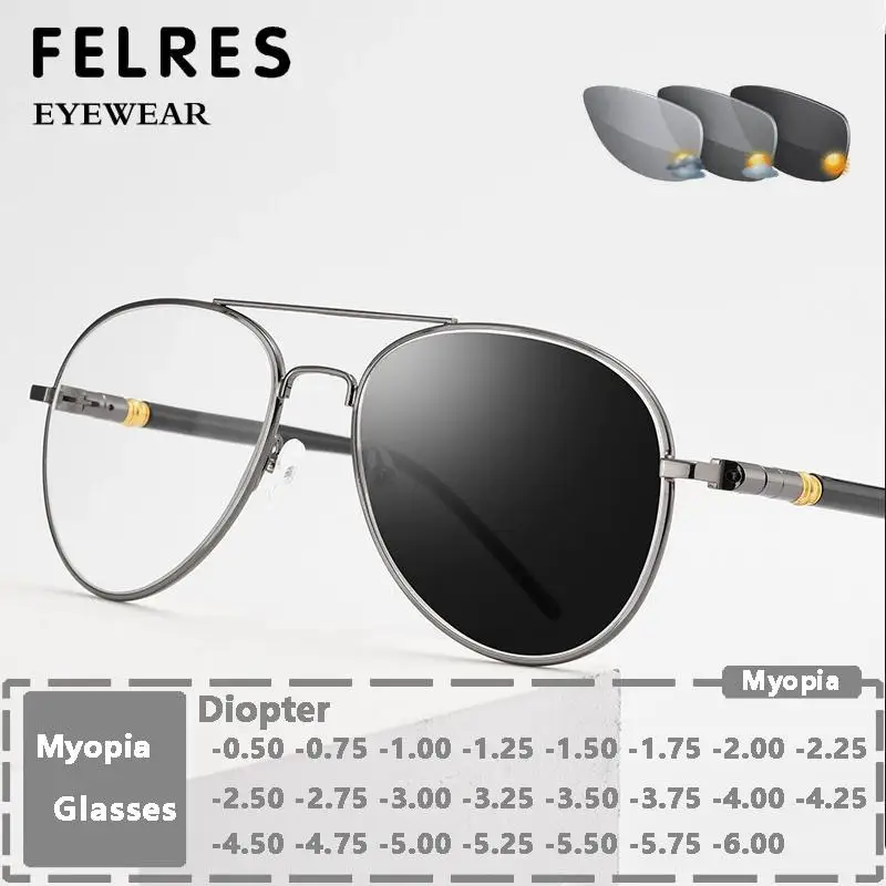 

Pilot Photochromic Myopia Glasses Men Alloy Frames Oval Prescription Nearsighted Glasses Outdoor Discolored Driving Eyewear -1.5