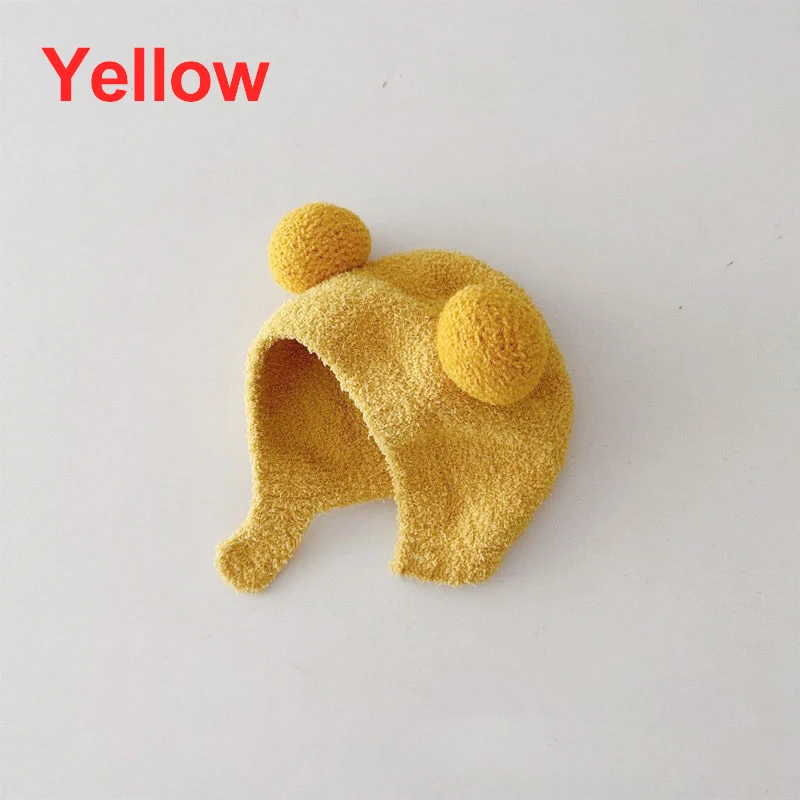 Niedliche Winter-Warme Kinder-Mützen für Mädchen und Jungen, Fleece-Wollmützen mit Bommel, Einfarbige Wollmützen mit Ohrenschutz, Weiche Neugeborenen-Mütze – Detail 3