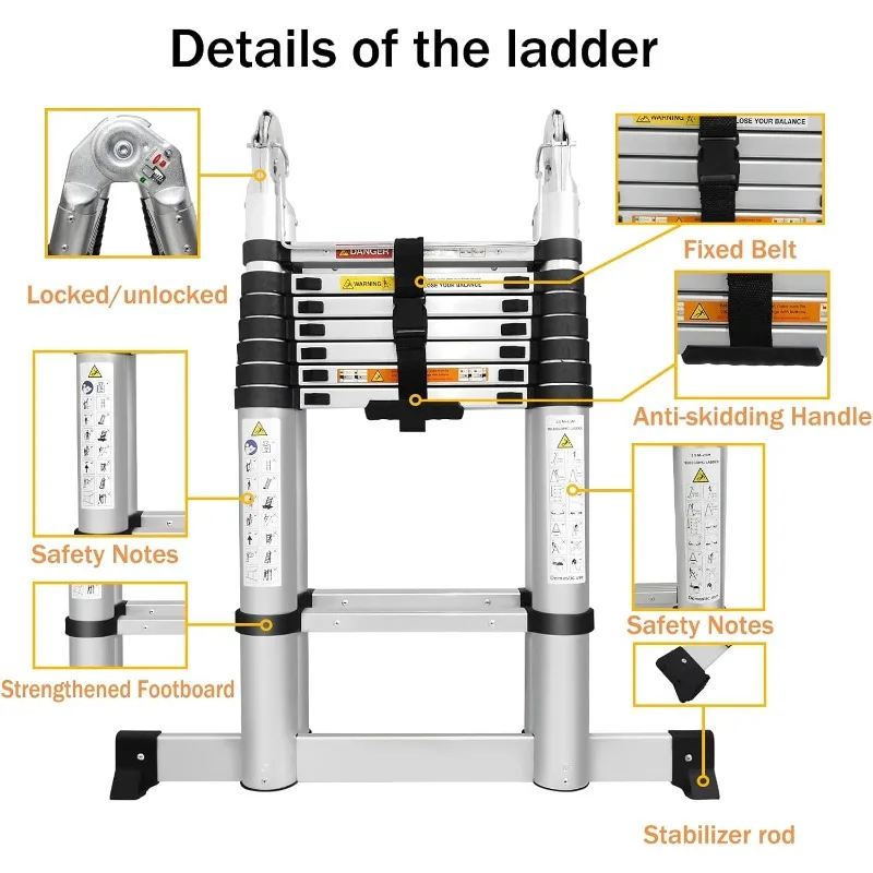 Escada De Extensão De Alumínio Telescópica com Barra Estabilizadora, Dobrável Multi-Purpose, A-Frame, 16.5ft