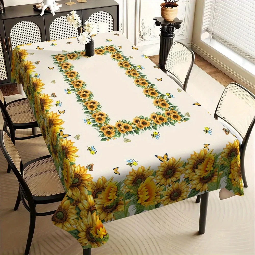 1pc Rectangular Tablecloth White Sunflower And Bee Print Table Cover For Dining Room Kitchen Party Dustproof Oilproof Decorativ