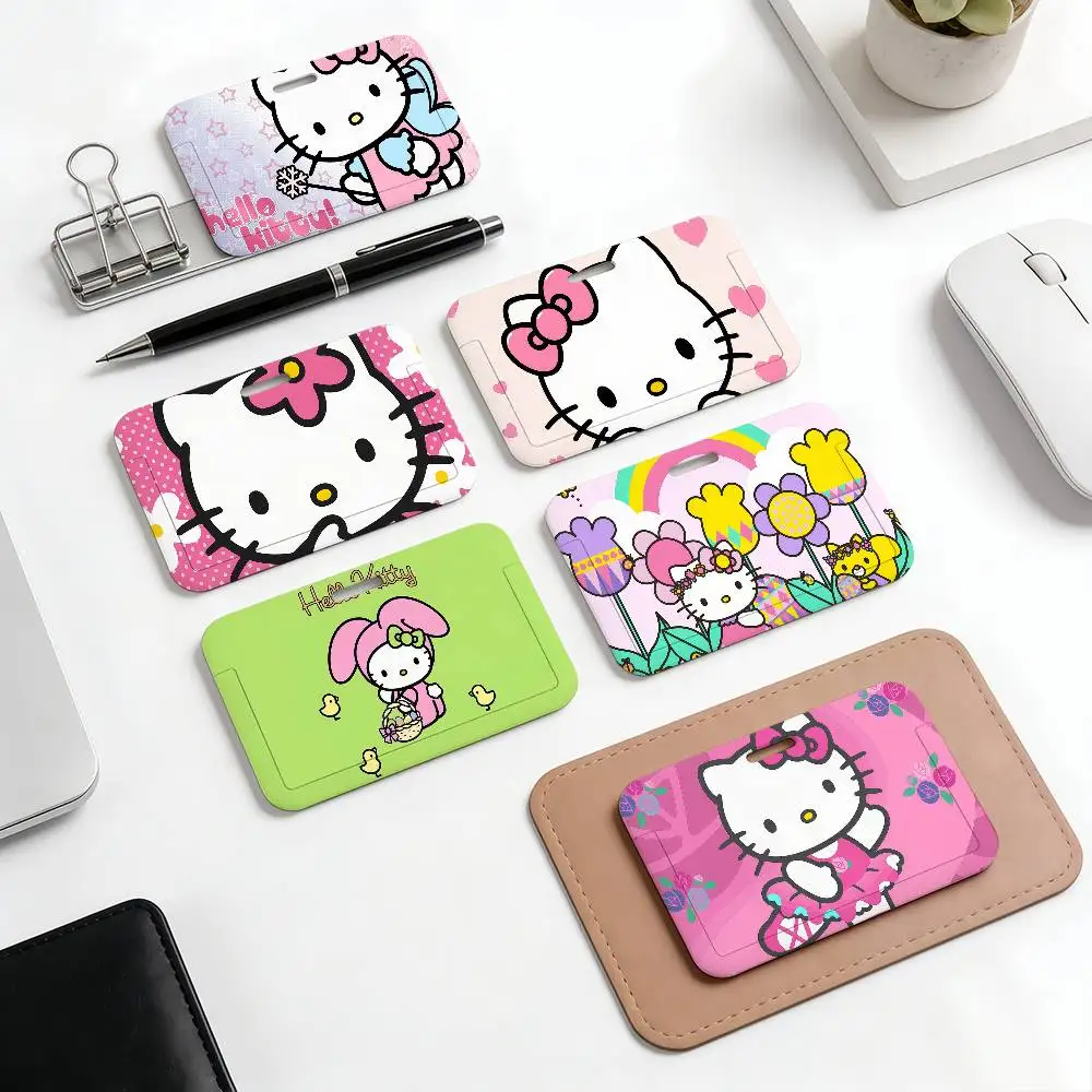 Estuche para tarjetas deslizante con diseño de gato de dibujos animados, Hello Kitty, kawaii, para identificación, tarjeta de trabajo, tarjeta de estudiante, tarjeta de autobús