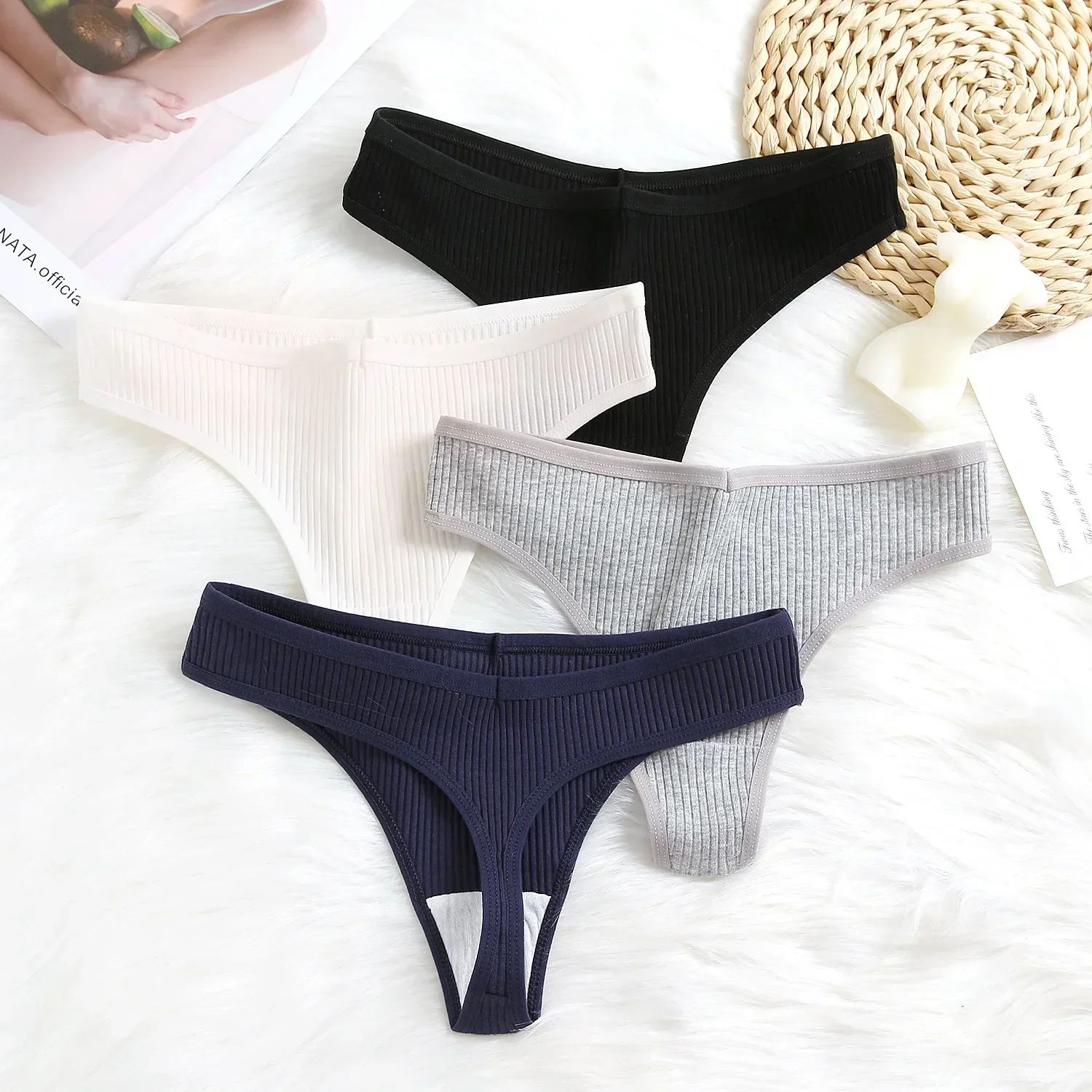 

Women's Panties Seamless Ribbed Thongs Low Waist Underpants Comfortable Cotton G-strings Solid Color Underwear Female Lingerie