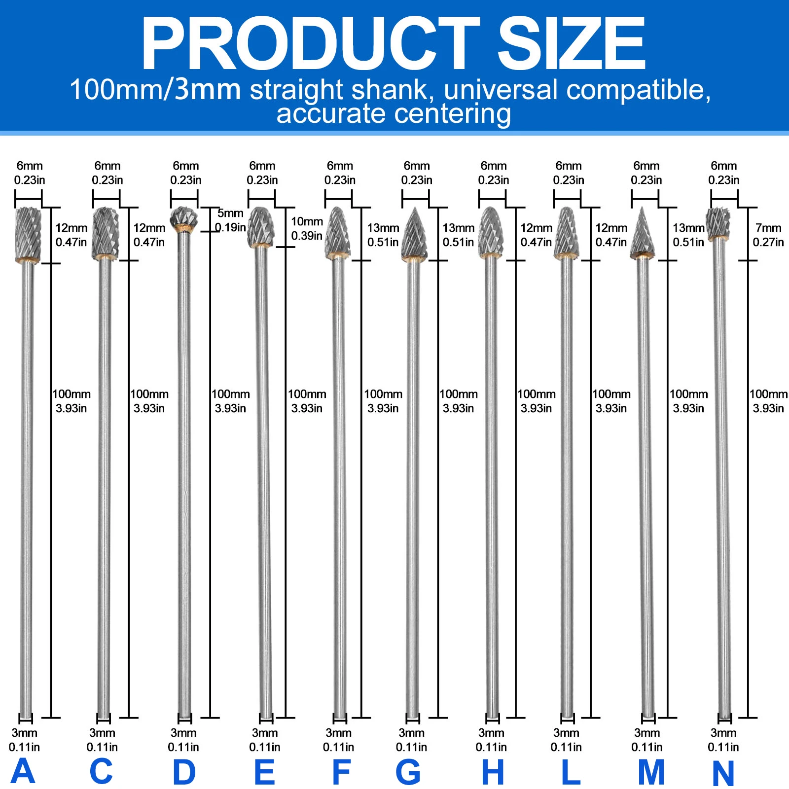 100mm Long Shank Carbide Burr Bits Milling Cutter Drill Bit Set 1/4\