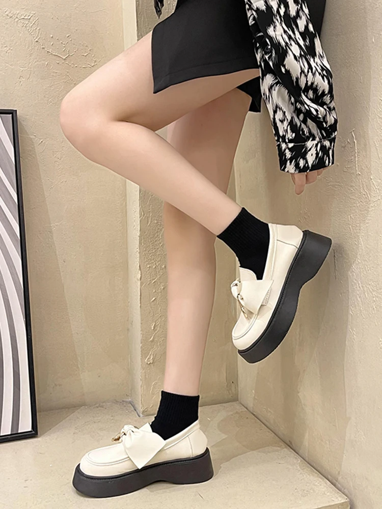 Buty Kobieta Mieszkania Casual Female Sneakers Bow-Knot Loafers With Fur Round Toe Autumn Clogs Platform British Style Oxfords Dress B