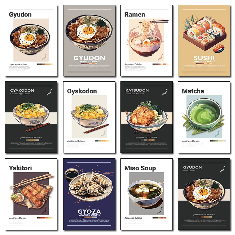 Póster de comida japonesa Donburi Oyakodon Ramen pollo frito Yakitori Sushi lienzo pintura arte de pared imagen HD cocina decoración del hogar