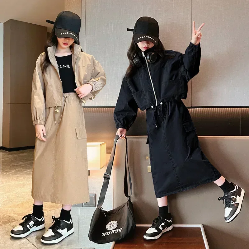 

Spring Autumn Girls Clothes Kids Jacket + Cargo Skirt 2PCS Suits for Teen Girls Casual Outfits 5 8 9 12Yrs Children Clothing Set