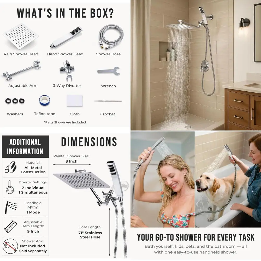 

8 Inch Dual Square Shower Head Combo with Handheld Spray, Rain Head, Extendable Arm, 3-Way Diverter, 71 Inch Hose - Chrome Bathr