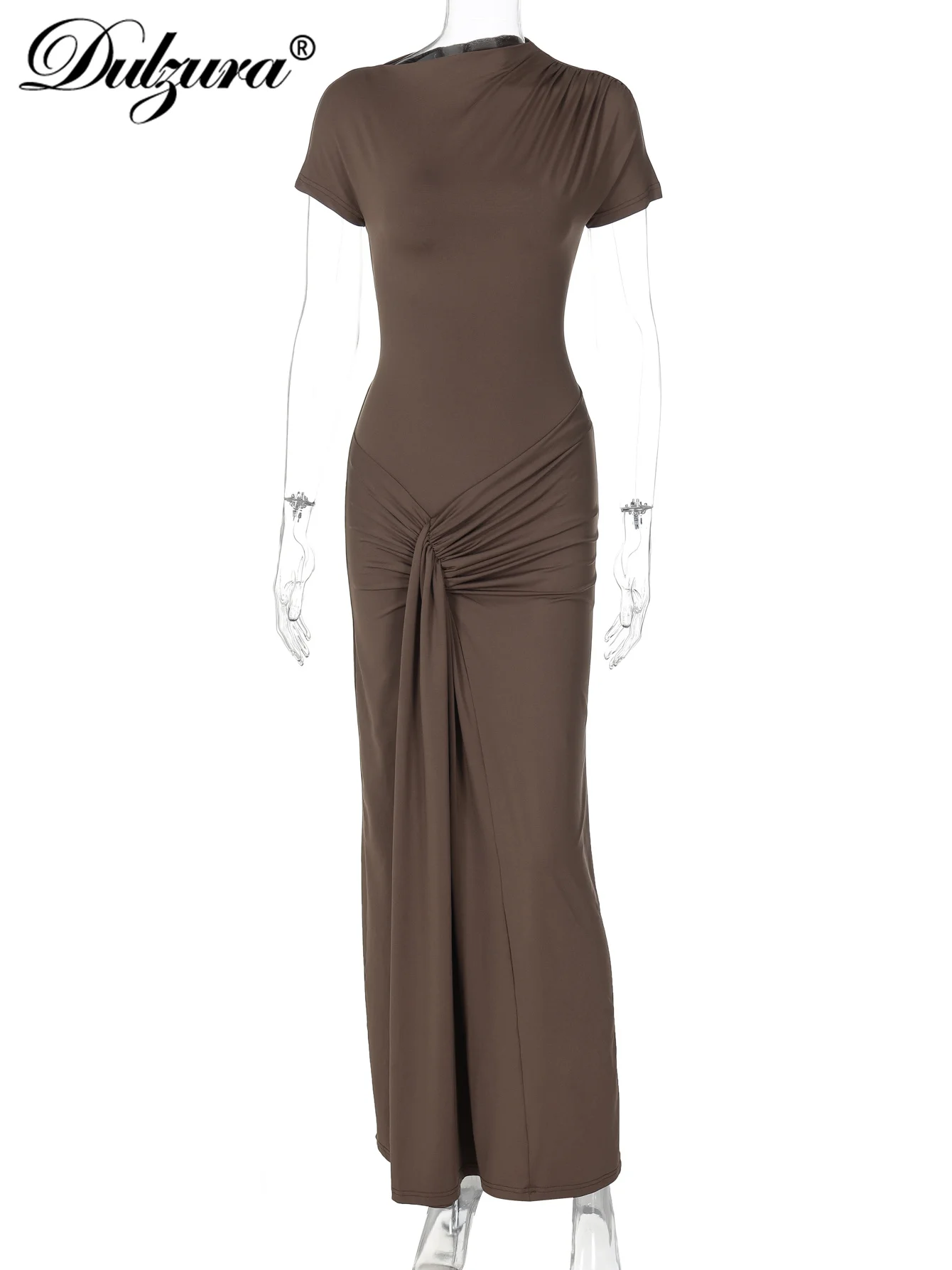 Dulzura Skew Collar Short Sleeves Lace Up Ruched Tight Maxi Dress Solid Elegant Bodycon Outfit Party Club Streetwear Spring