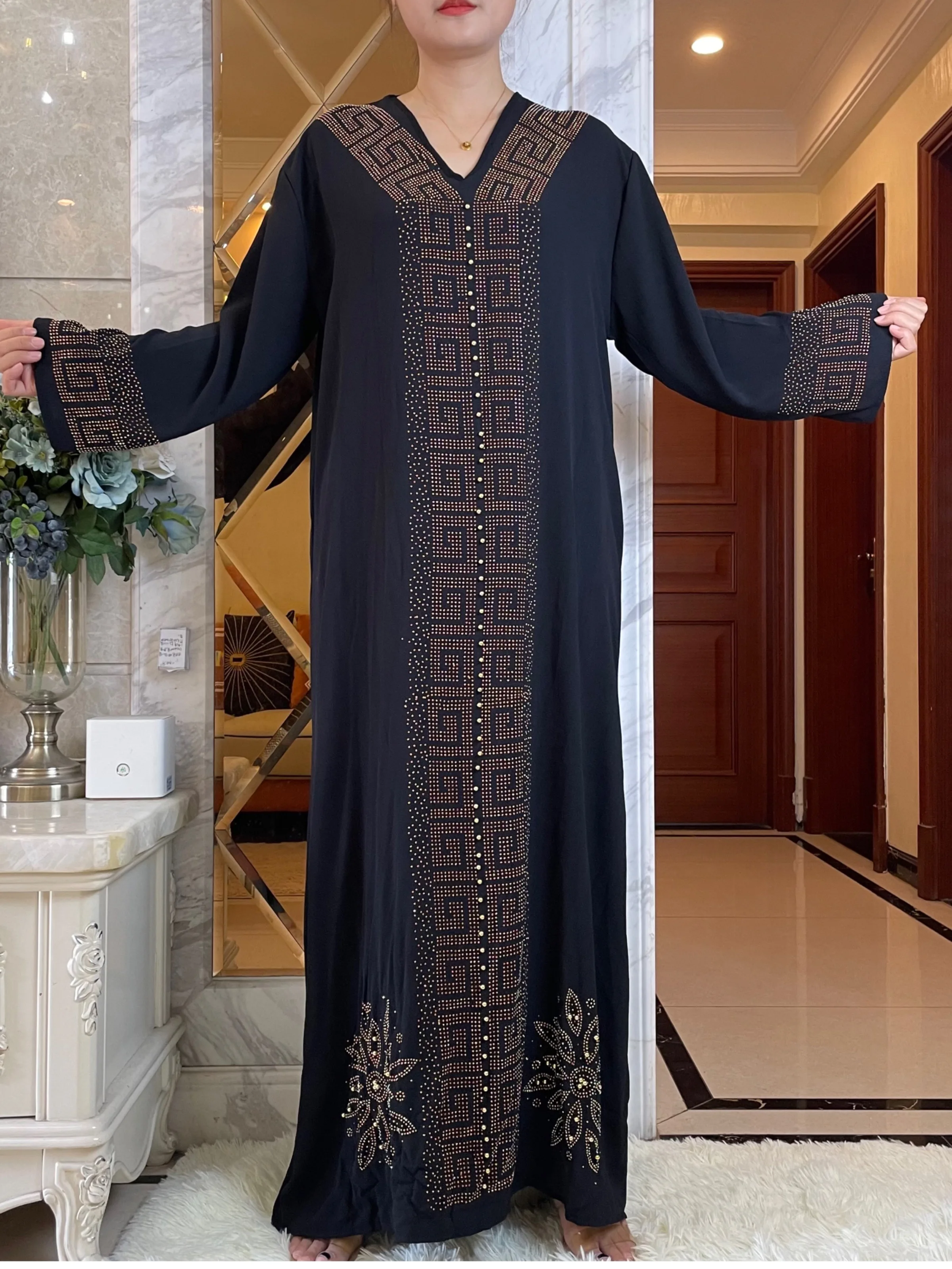 2022African Dresses for Women Autumn  Long Sleeve Black V-neck Long Abaya African Robes Ramadan Prayer Diamonds Islamic Clothes