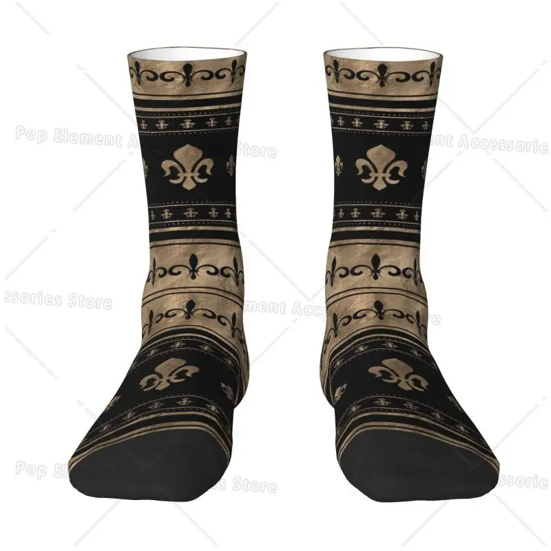 Custom Kawaii Fleur De Lis Luxury Ornament Black And Gold Socks Women Men Warm 3D Print Royalty Lily Petals Sports Socks