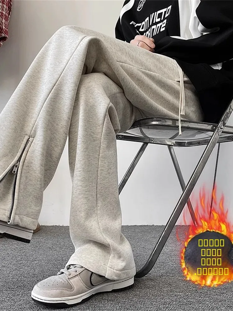 

Cleanfit Men's Thiened Fce Lined Loose Drapey Zipper Slit Sweatpants American Sle Casual Pants Youth Trend Winter Wear